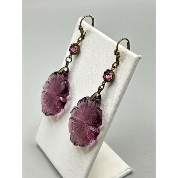Art Deco Czech Glass Earrings dangles Pressed Amethyst Glass Drops Lever Back Ho - Picture 6 of 7